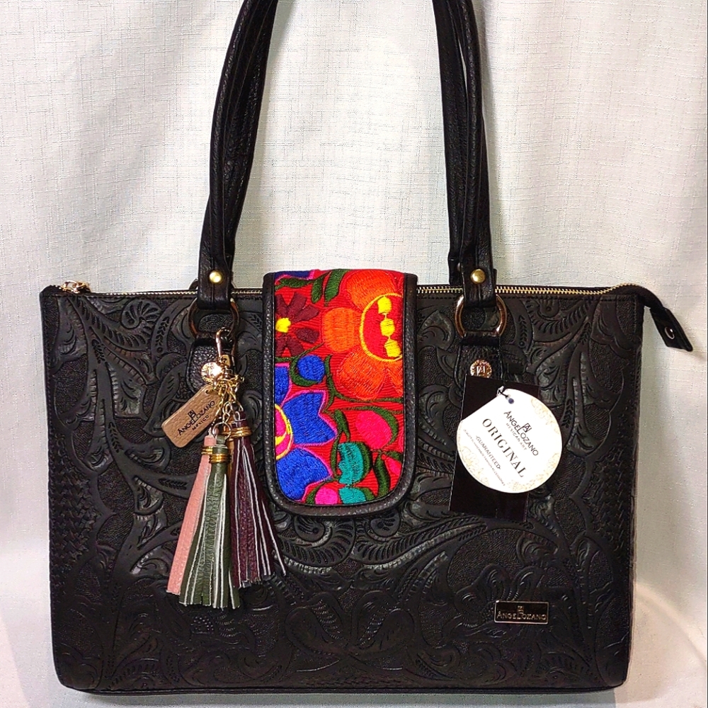 AngeLozano Flora Engraved Leather Tote with Floral Loom